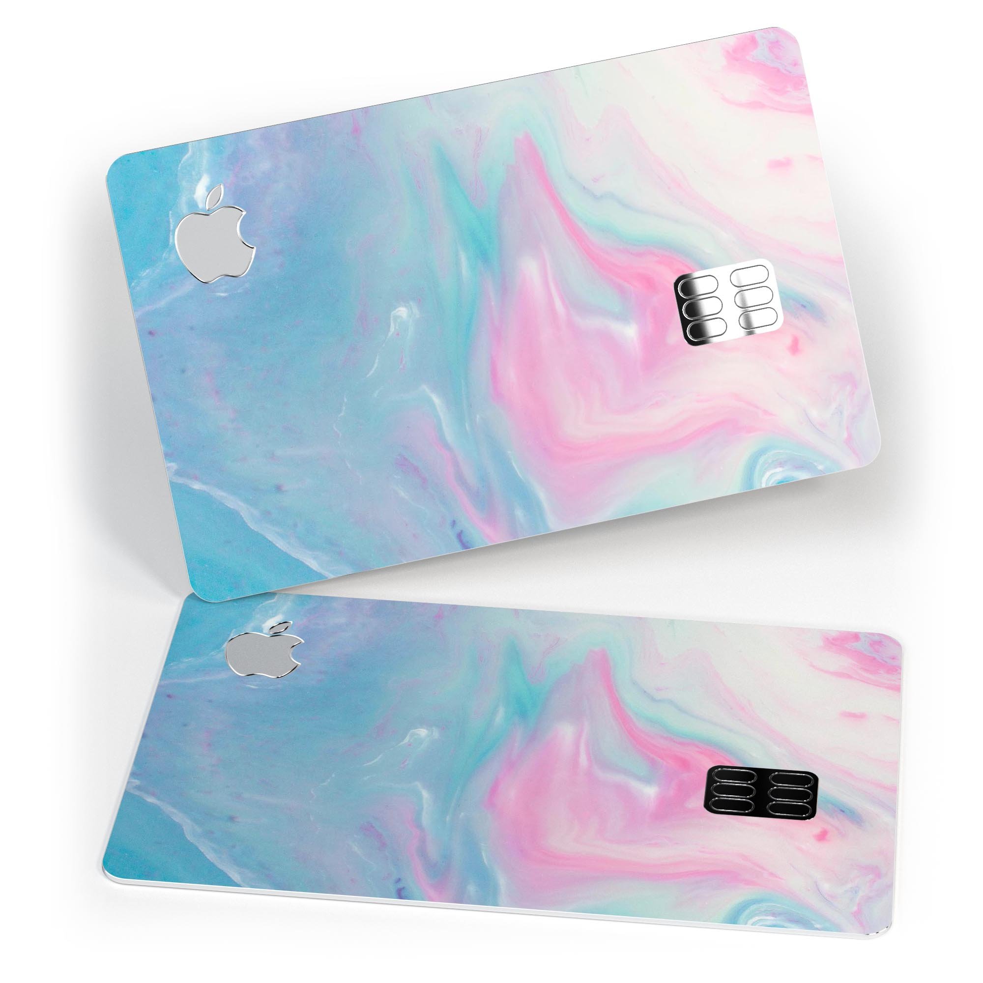 Marbleized Pink and Blue Paradise V482 decal applied on an Apple Card, showcasing its stylish design and premium finish.